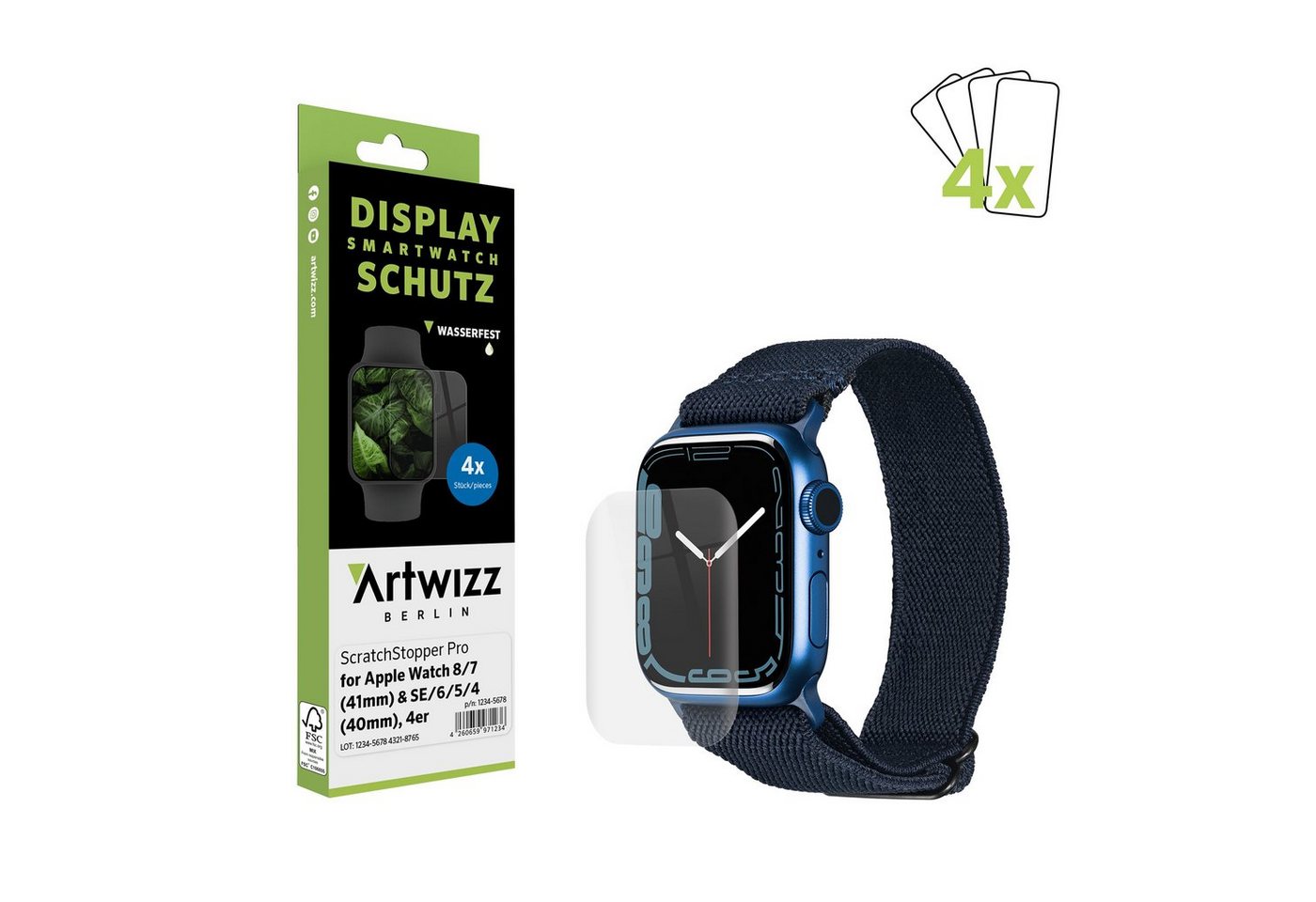 Artwizz Schutzfolie ScratchStopper Pro, Wasserfeste und Kratzfeste Displayschutz Folie, Apple Watch 9 / 8 / 7 (41mm), Apple Watch SE / 6 / 5 / 4 (40mm) von Artwizz