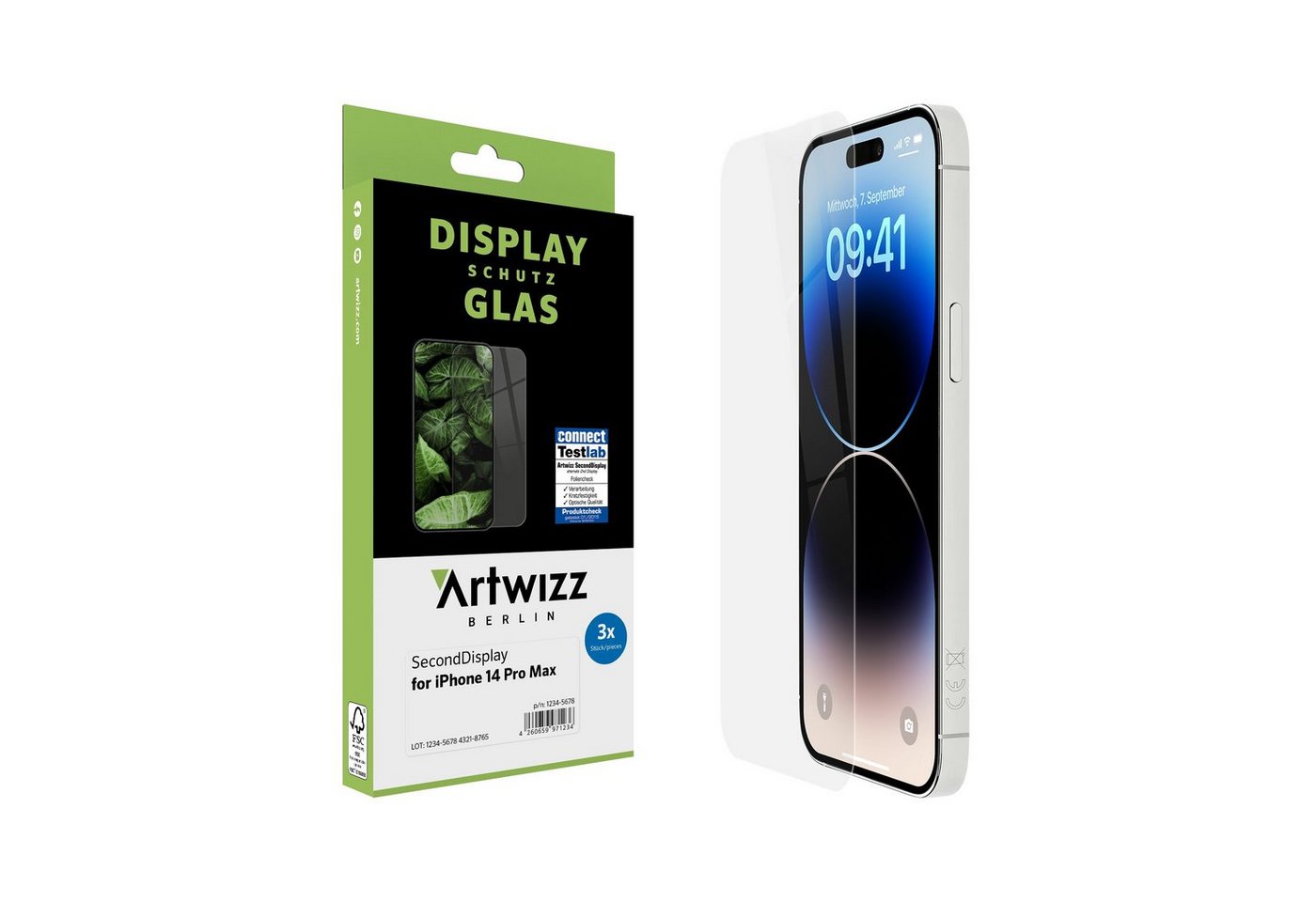 Artwizz SecondDisplay 3er Pack, Hüllenfreundlicher Displayschutz aus 100% Glas für iPhone 14 Pro Max, Displayschutzglas, Hartglas von Artwizz