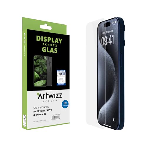 Artwizz SecondDisplay Displayschutz kompatibel für iPhone 15/15 Pro - 3 Stück - HD Schutzglas aus Sicherheitsglas, 9H Härte von Artwizz