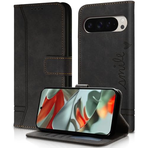AsWant Handyhülle für Google Pixel 9/9 Pro Hülle Leder- Premium Klapphülle Tasche Kartensteckplatz Magnetschnallenhalter Schutzhülle für Google Pixel 9 Pro (Schwarz) von AsWant