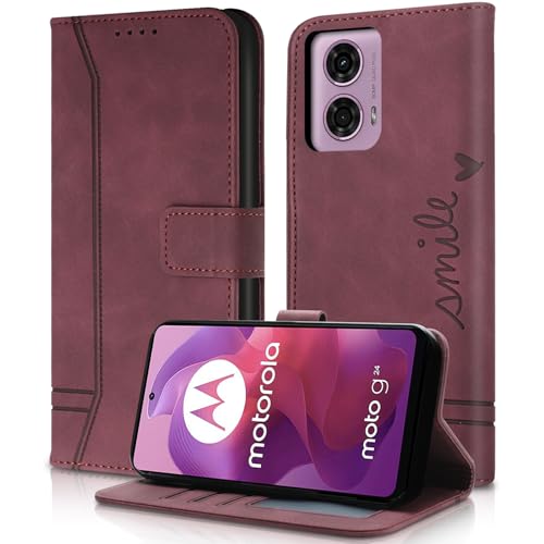 AsWant Handyhülle für Motorola Moto E14/G24/G04/G04s Hülle Leder- Premium Klapphülle Tasche Kartensteckplatz Magnetschnallenhalter Schutzhülle für Moto G24 (Rot) von AsWant