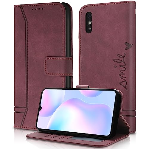AsWant Handyhülle für Xiaomi Redmi 9A Hülle - Premium Leder Klapphülle Xiaomi Redmi 9A Kartensteckplatz Magnetschnallenhalter Schutzhülle für Redmi 9A / Redmi 9AT (Rot) von AsWant