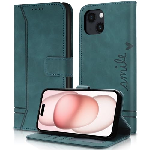 AsWant Handyhülle für iPhone 15 6,1 Zoll Hülle Leder- Premium Klapphülle Tasche Kartensteckplatz Magnetschnallenhalter Schutzhülle für iPhone 15 (Grün) von AsWant