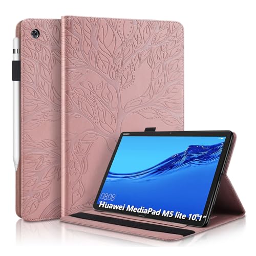 AsWant Huawei Mediapad M5 Lite 10 Hülle Geprägter Baum PU PU Leder Brieftasche BookStyle Flip Cover Stand Kartensteckplatz Tablet Schutzhülle Für Huawei Mediapad M5 Lite/C5 10.1 Zoll 2018 - Roségold von AsWant