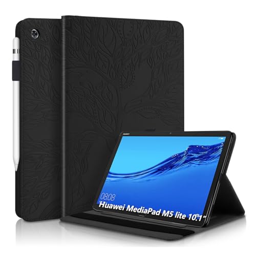 AsWant Huawei Mediapad M5 Lite 10 Hülle Geprägter Baum PU PU Leder Brieftasche BookStyle Flip Cover Stand Kartensteckplatz Tablet Schutzhülle Für Huawei Mediapad M5 Lite/C5 10.1 Zoll 2018 - Schwarz von AsWant