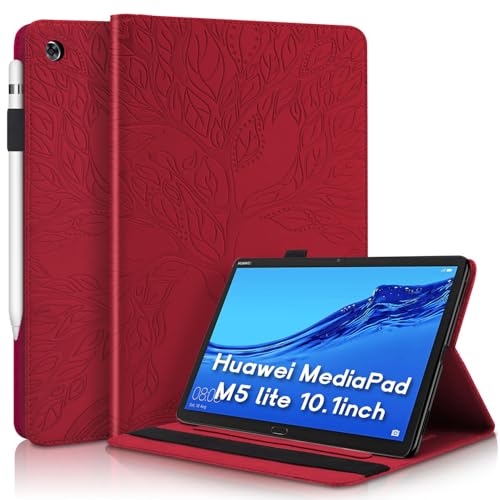 Aswant Huawei Mediapad M5 Lite 10 Hülle Geprägter Baum PU PU Leder Brieftasche BookStyle Flip Cover Stand Kartensteckplatz Tablet Schutzhülle Für Huawei Mediapad M5 Lite/C5 10.1 Zoll 2018 - rot von AsWant