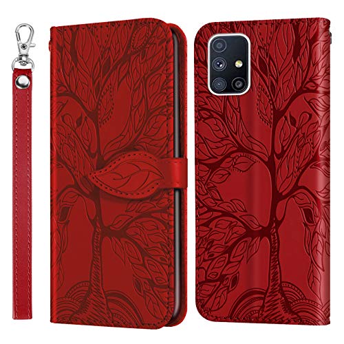 AsWant Hülle für Galaxy A51 Geprägte Baum PU Leder Tasche Hülle Weiche TPU Case Brieftasche Flip Schutzhülle Magnetisch Stand Funktion Handyhülle für Samsung Galaxy A51 - Rot von AsWant