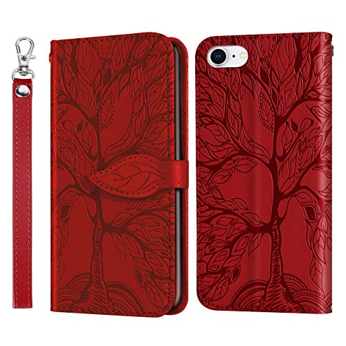 AsWant Hülle für iPhone SE 2/iPhone 7/iPhone 8 Geprägte Baum PU Leder Tasche Hülle Brieftasche Flip Schutzhülle Magnetisch Stand Funktion Handyhülle für iPhone 7 / iPhone 8 / iPhone SE 2 Gen - Rot von AsWant