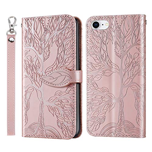 AsWant Hülle für iPhone SE 2/iPhone 7/iPhone 8 Geprägte Baum PU Leder Tasche Hülle Brieftasche Flip Schutzhülle Magnetisch Stand Funktion Handyhülle für iPhone 7 / iPhone 8 / iPhone SE 2 Gen Roségold von AsWant