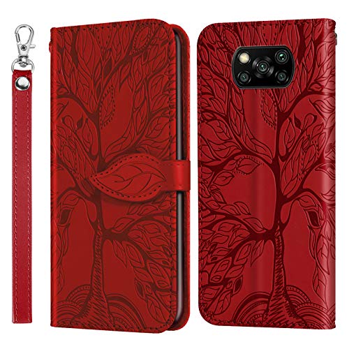 AsWant Xiaomi Poco X3 Pro/Poco X3 NFC Handyhülle, Xiaomi Poco X3 NFC PU Leder Schutzhülle Brieftasche Case Magnetverschluss Stand Hülle mit Kartenschlitz für Xiaomi Poco X3 Pro - Rot von AsWant