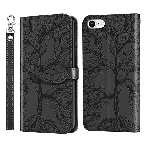 Aswant Hülle für iPhone SE 2/iPhone 7/iPhone 8 Geprägte Baum PU Leder Tasche Hülle Brieftasche Flip Schutzhülle Magnetisch Stand Funktion Handyhülle für iPhone 7 / iPhone 8 / iPhone SE 2 Gen - Schwarz von AsWant