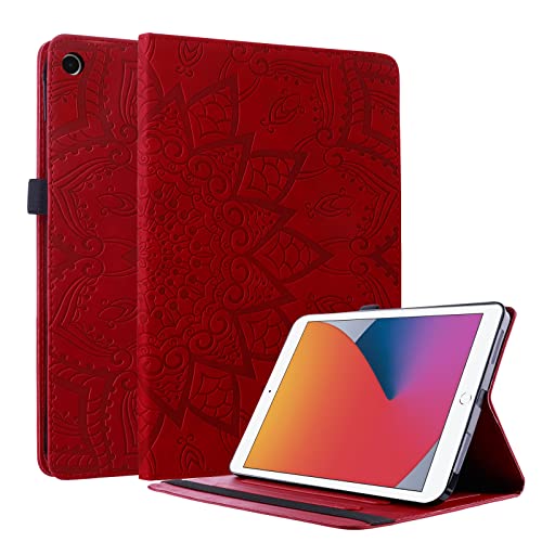 AsWant Lspcase iPad 10.2 Zoll 2019/2020 Hülle PU Leder Case iPad 7. / 8. Generation Schutzhülle Brieftasche Flip Tasche Etui mit Kartenfach und Ständer für iPad 10.2" Mandala Blumen Muster Rot von AsWant