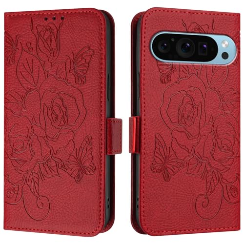 Asdsinfor Kompatibel mit Google Pixel 9A, [RFID-Blockierung] 3 Kartenhalter Ständer [Stoßfeste TPU-Innenhülle] PU Leder Magnetische Schutzhülle Klapphülle für Google Pixel 9A, Rot YBM von Asdsinfor