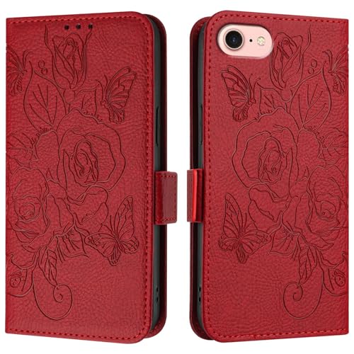 Asdsinfor Kompatibel mit iPhone 16e, [RFID-Blockierung] 3 Kartenhalter Ständer [Stoßfeste TPU-Innenhülle] PU Leder Magnetische Schutzhülle Klapphülle für iPhone 16e, Rot YBM von Asdsinfor