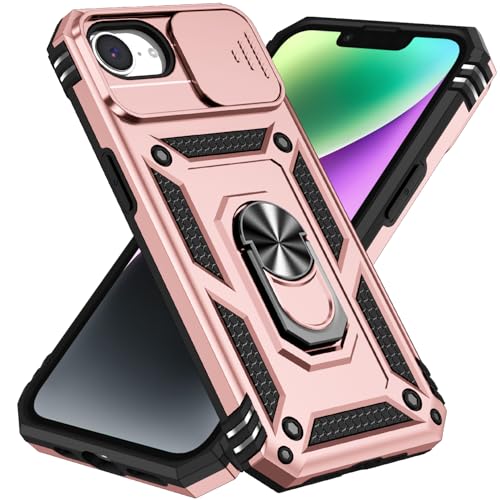 Asdsinfor Kompatibel mit iPhone 16e Schutzhülle mit TPU-Stoßdämpfer, 360-Grad-Metallringständer, strapazierfähig, militärischer Schutz, Hybrid-Schutzhülle für iPhone 16e 6,1 Zoll (15,5 cm), Roségold von Asdsinfor