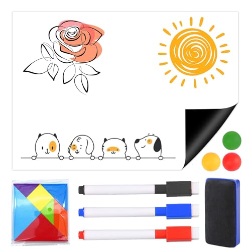 Asfrode Whiteboard Magnetisch Folie 60 x 40 cm, Selbstklebend Tafel Weiß Stark Abwischbare Magnet Whiteboard mit 3 x Stifte 6 x Magnetschnallen Radiergummi für Kühlschrank Büro von Asfrode