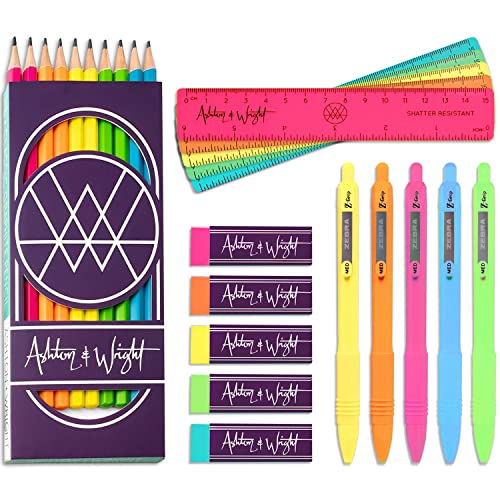 Ashton and Wright - Klassische HB-Bleistifte, 15 cm Lineale, Radiergummis – Neon Set mit 20 Stück. von Ashton and Wright