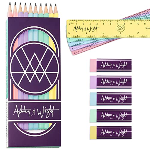 Ashton and Wright - Klassische HB-Bleistifte, 15 cm Lineale, Radiergummis Pastell-Set mit 20 Stück, mehrfarbig von Ashton and Wright