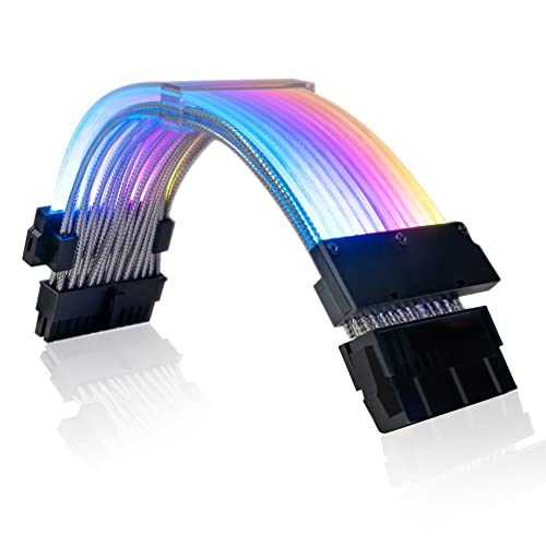 AsiaHorse 24Pin ATX Adressierbare RGB Kabel, ARGB 24PIN Mainboard Sleeved Cable, 5V 3PIN PSU Kabelverlängerung für Motherboard, 18AWG Power Cable Extension mit Beleuchtung, (Streifen Design) von AsiaHorse