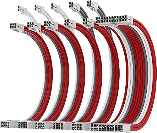 AsiaHorse Aktualisierung 16AWG Sleeved Cable Kit für PC/GPU/CPU, PSU Kabelverlängerung, PC Netzteil Extensions Kabel mit Kabelkämmen,24PIN/(6+2) PIN/(4+4) PIN Kabelmanagment, 30CM, Rot+Grau+Weiß von AsiaHorse