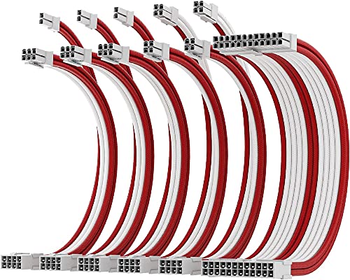 AsiaHorse Aktualisierung 16AWG Sleeved Cable Kit für PC/GPU/CPU, PSU Kabelverlängerung, PC Netzteil Extensions Kabel mit Kabelkämmen,24PIN/(6+2) PIN/(4+4) PIN Kabelmanagment, 30CM, Rot+Weiß von AsiaHorse