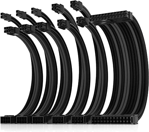 AsiaHorse Aktualisierung 16AWG Sleeved Cable Kit für PC/GPU/CPU, PSU Kabelverlängerung, PC Netzteil Extensions Kabel mit Kabelkämmen,24PIN/(6+2) PIN/(4+4) PIN Kabelmanagment, 30CM, Schwarz+Grau von AsiaHorse