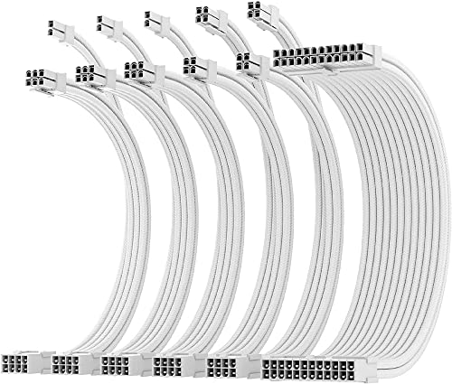 AsiaHorse Aktualisierung 16AWG Sleeved Cable Kit für PC/GPU/CPU, PSU Kabelverlängerung, PC Netzteil Extensions Kabel mit Kabelkämmen,24PIN/(6+2) PIN/(4+4) PIN Kabelmanagment, 30CM, Voll Weiß von AsiaHorse