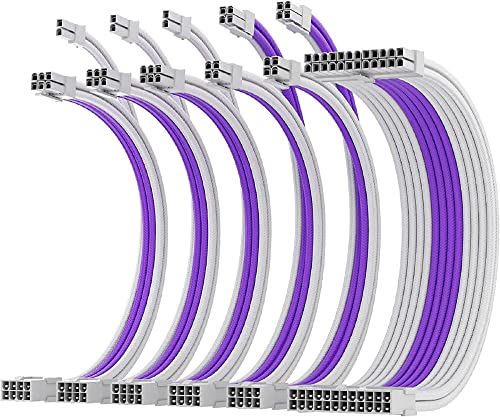 AsiaHorse Aktualisierung 16AWG Sleeved Cable Kit für PC/GPU/CPU, PSU Kabelverlängerung, PC Netzteil Extensions Kabel mit Kabelkämmen,24PIN/(6+2) PIN/(4+4) PIN Kabelmanagment, 30CM, Weiß+Lila von AsiaHorse