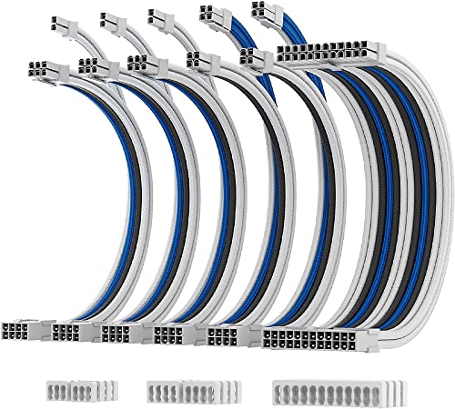 AsiaHorse Aktualisierung 16AWG Sleeved Cable Kit für PC/GPU/CPU, PSU Kabelverlängerung, PC Netzteil Extensions Kabel mit Kabelkämmen,24PIN/(6+2) PIN/(4+4) PIN Kabelmanagment, 30CM, Weiß +Schwarz+Blau von AsiaHorse