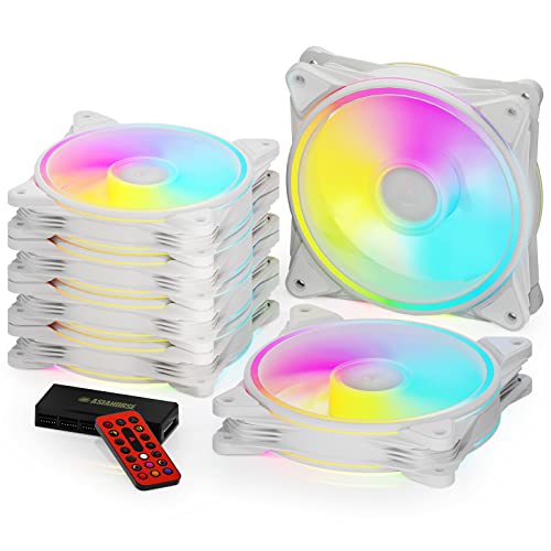 AsiaHorse PC 120MM RGB Lüfter, ARGB Gehäuselüfter mit Hub-Steuerung, 4 Rangen CPU Gehäuse Lüfter mit 24 Adressierbare LED, Computer Cooler Fan für Mainboard Aura Sync, 1500RPM, Weiß, 6PACK von AsiaHorse