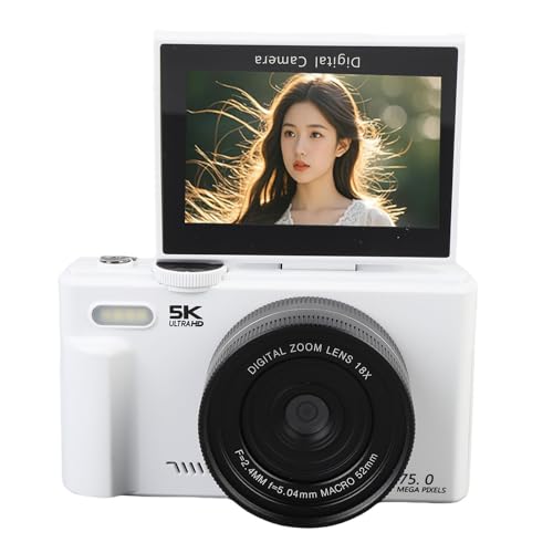 5K Digitalkamera, 75MP UHD Vlogging Kamera 18X AF Autofokus Kamera HD Digitalkamera mit Blitz und 3 Zoll Flip Screen für Fotografie und Video, tragbares Design (White) von Asixxsix