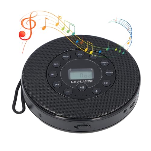 Tragbarer CD-Player mit Lautsprecher, Wiederaufladbarer Anti-Skip-Bluetooth-CD-Player, Integriertes Mikrofon für Heimauto, Unterstützt auf USB-Flash-Disk (Black) von Asixxsix