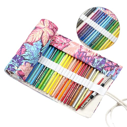 Leinwand Stifterolle, Retro Pencil Wrap Roll up Holder Rollentasche Federmappe Schlamperrolle Mäppchen Bleistiftkasten Farbige Stifte für Make up/Schule/Büro/Kunst (72 Löcher, Lila Ahornblatt) von Asnlove