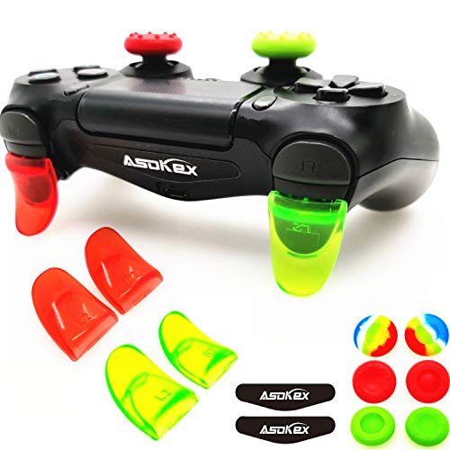 L2 R2 Trigger PS4 (2 Paar Trigger-Extender, 6 Stück Daumenstützen-Griffe, 2 Paar LED-Lichtleisten-Aufkleber) für PS4 Dualshock Controller Grün & Rot von Asokex