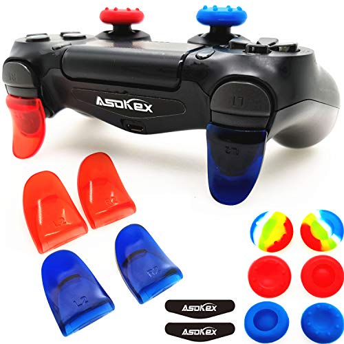 L2 R2 Trigger PS4 (2 Paar Trigger-Extender, 6 Stück Daumenstützen-Griffe, 2 Paar LED-Lichtleisten-Aufkleber) für PS4 Dualshock Controller Rot und Blau von Asokex