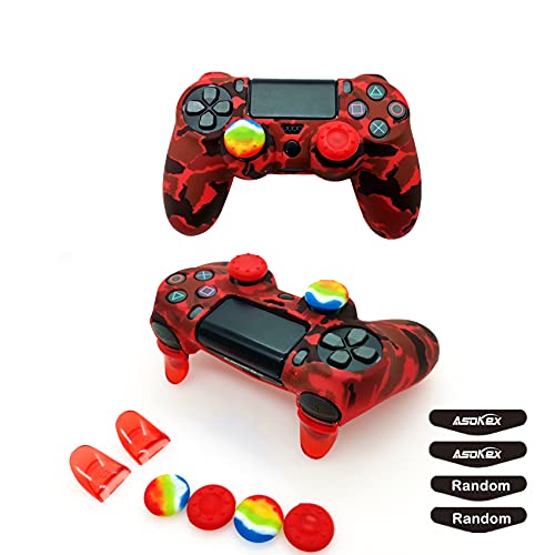 Silikon-Schutzhülle für PS4 Controller (1 x rutschfeste Hülle, 1 Paar L2 R2 Trigger Extender, 4 Daumengriffe, LED-Lichtleisten-Aufkleber) Schutz DualShock PS4/Slim/Pro (rote Tarnung) von Asokex