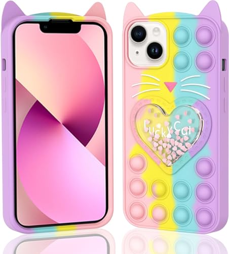 Aspack Fidget Pop Bubbles Schutzhülle für iPhone 13/14, Niedlich Karikatur Glückliche Katze Treibsand Bling Luftblasen Stoßfeste Silikonhülle für Apple iPhone 13/14 6,1 Zoll von Aspack