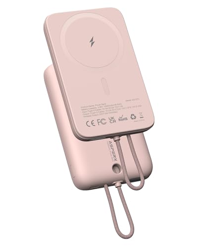 Magnetische Powerbank Klein Wireless 10000mAh: AsperX 22W PD Power Bank mit USB-C Kabel Schnellladen, Induktives Externe Handyakkus für iPhone 16 15 14 13 12 Max/Pro/Plus, LED-Display, Portable (Rosa) von AsperX