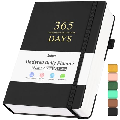 Planer, Undatierter Tagesplaner mit To Do Liste, 365 Tage Planer für ADHS Erwachsene, Agenda für Frauen Männer, Produktivitätsplaner mit Kalender, 21.1 cmx14.7 cm (Schwarz) von Asten