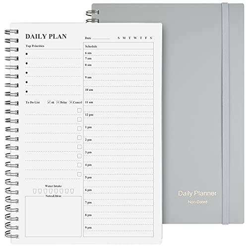 Tagesplaner, Undatiert, Asten To-Do-Liste, Notizbuch, Stundenpläne, Spiral-Terminplaner für Männer und Frauen, PVC-Hardcover, elastischer Verschluss, Innentasche 21,1 x 14,7 cm (Grau) von Asten
