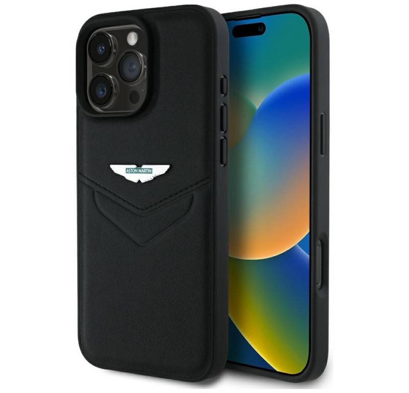 Aston Martin Handyhülle iPhone 16 Pro Max Echtleder schwarz Logo Metall 6,9 Zoll, Kantenschutz von Aston Martin