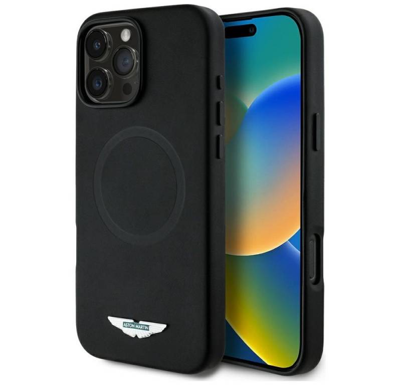 Aston Martin Handyhülle iPhone 16 Pro Max MagSafe Silikon schwarz Logo Metall 6,9 Zoll, Kantenschutz von Aston Martin