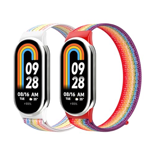 Astorgos 2 Stück Nylon Sport Loop Armband Kompatibel mit Xiaomi Mi Band 8, Verstellbares Geflochtenes Nylon Ersatzarmband Uhrenarmband Sportarmband, Farbig+Regenbogen von Astorgos