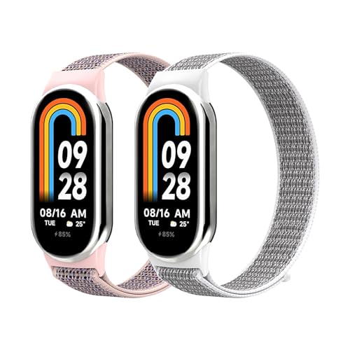 Astorgos 2 Stück Uhrenarmbänder Kompatibel mit Xiaomi Mi Band 8, 160-220mm Nylon Armbänder Komfort Ersatzarmband Smartwatch Zubehör, RosaSand+Muschel von Astorgos