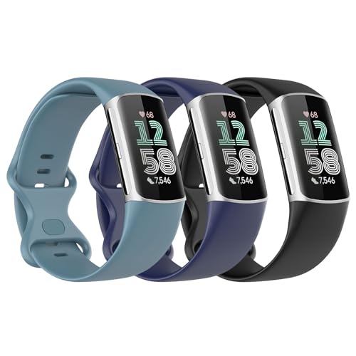 Astorgos 3 Stück Armband Kompatibel mit Fitbit Charge 6/Fitbit Charge 5 für Damen Herren, Weiches TPE Uhrenarmband Ersatzarmband, Schwarz/Dunkel Blau/Blau von Astorgos