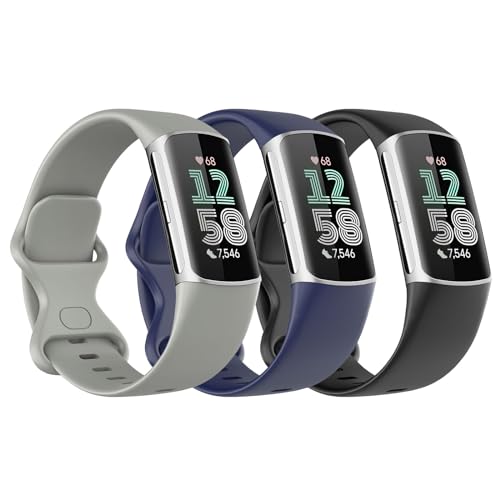 Astorgos 3 Stück Armband Kompatibel mit Fitbit Charge 6/Fitbit Charge 5 für Damen Herren, Weiches TPE Uhrenarmband Ersatzarmband, Schwarz/Dunkel Blau/Rock Grau von Astorgos