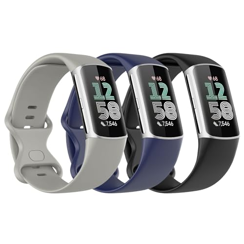 Astorgos 3 Stück Armband Kompatibel mit Fitbit Charge 6/Fitbit Charge 5 für Damen Herren, Weiches TPE Uhrenarmband Ersatzarmband, Schwarz/Dunkel Blau/Rock Grau von Astorgos