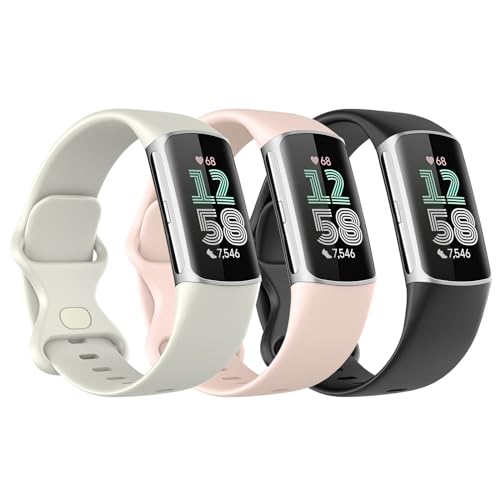 Astorgos 3 Stück Armband Kompatibel mit Fitbit Charge 6/Fitbit Charge 5 für Damen Herren, Weiches TPE Uhrenarmband Ersatzarmband, Schwarz/Mond Weiß/Sand Rosa von Astorgos