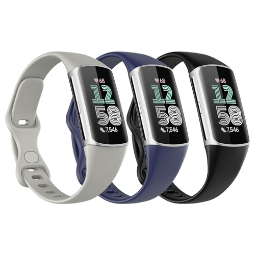 Astorgos 3 Stück Uhrenarmbänder Kompatibel mit Fitbit Charge 6/Fitbit Charge 5, Weich TPE Verstellbar Armband Schlank Dünn Atmungsaktiv Ersatzarmband, Schwarz/Dunkel Blau/Rock Grau von Astorgos