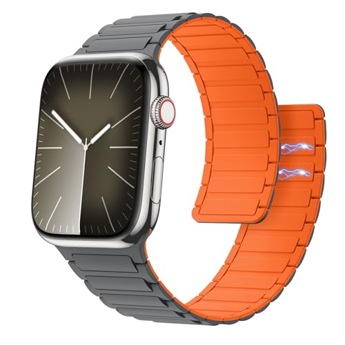 Astorgos Magnetisch Uhrenarmband Kompatibel mit Apple Watch Armband SE Series 9 8 7 6 5 4 3 2 1 38/40/41mm, Silikon Sport Armbänder Starker Magnet Link Ersatzarmband, Grau Orange von Astorgos